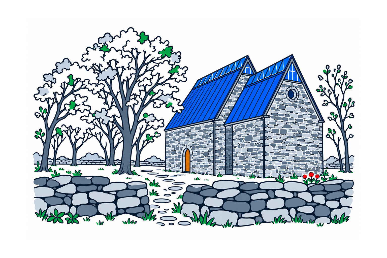 SamfunnPrep illustration of Sola ruinkyrkje, showing the restored stone church with glazed roof features and a low boundary wall.