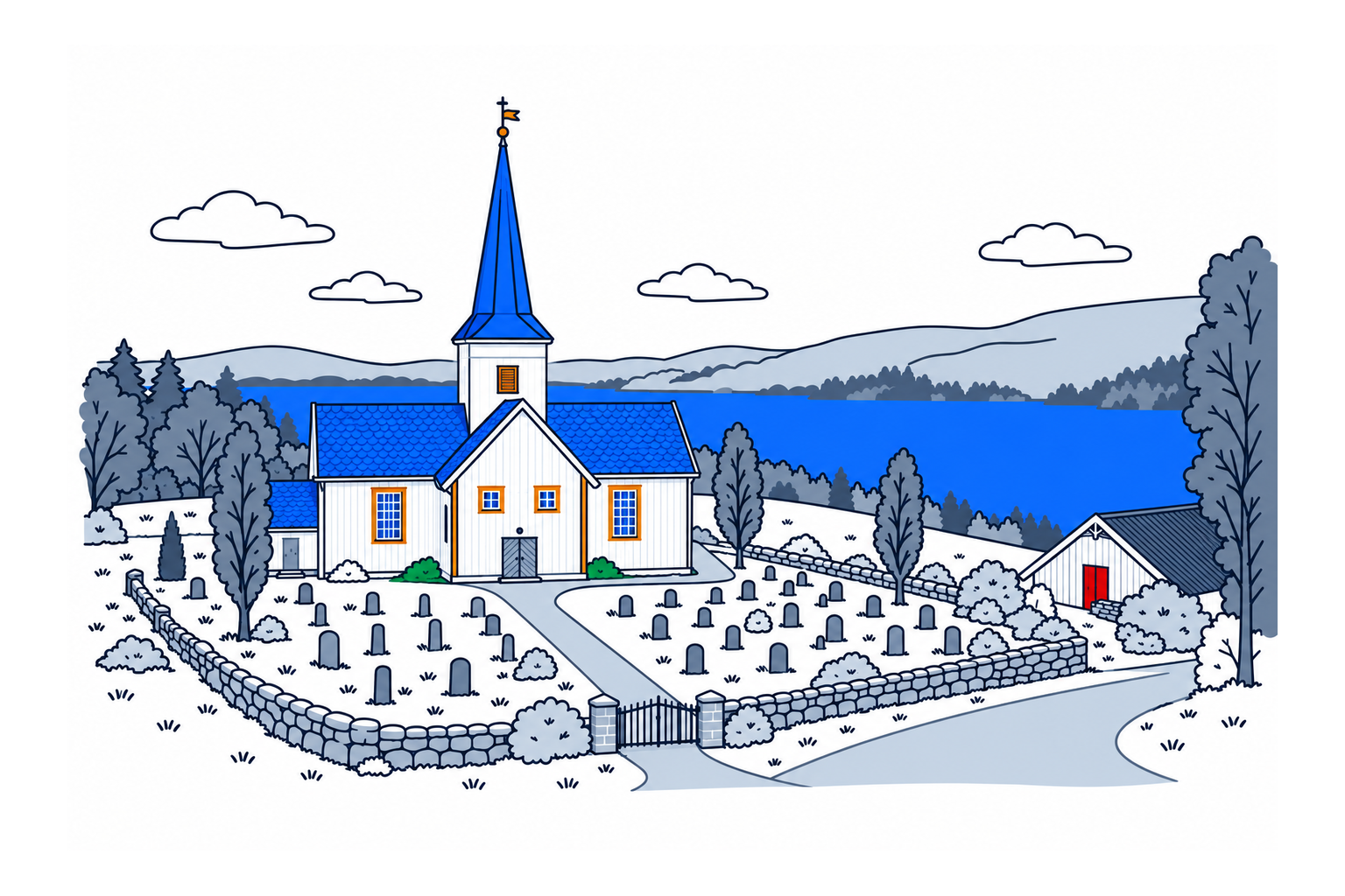 SamfunnPrep illustration: Hov kirke, Søndre Land. A timber church with a central spire.
