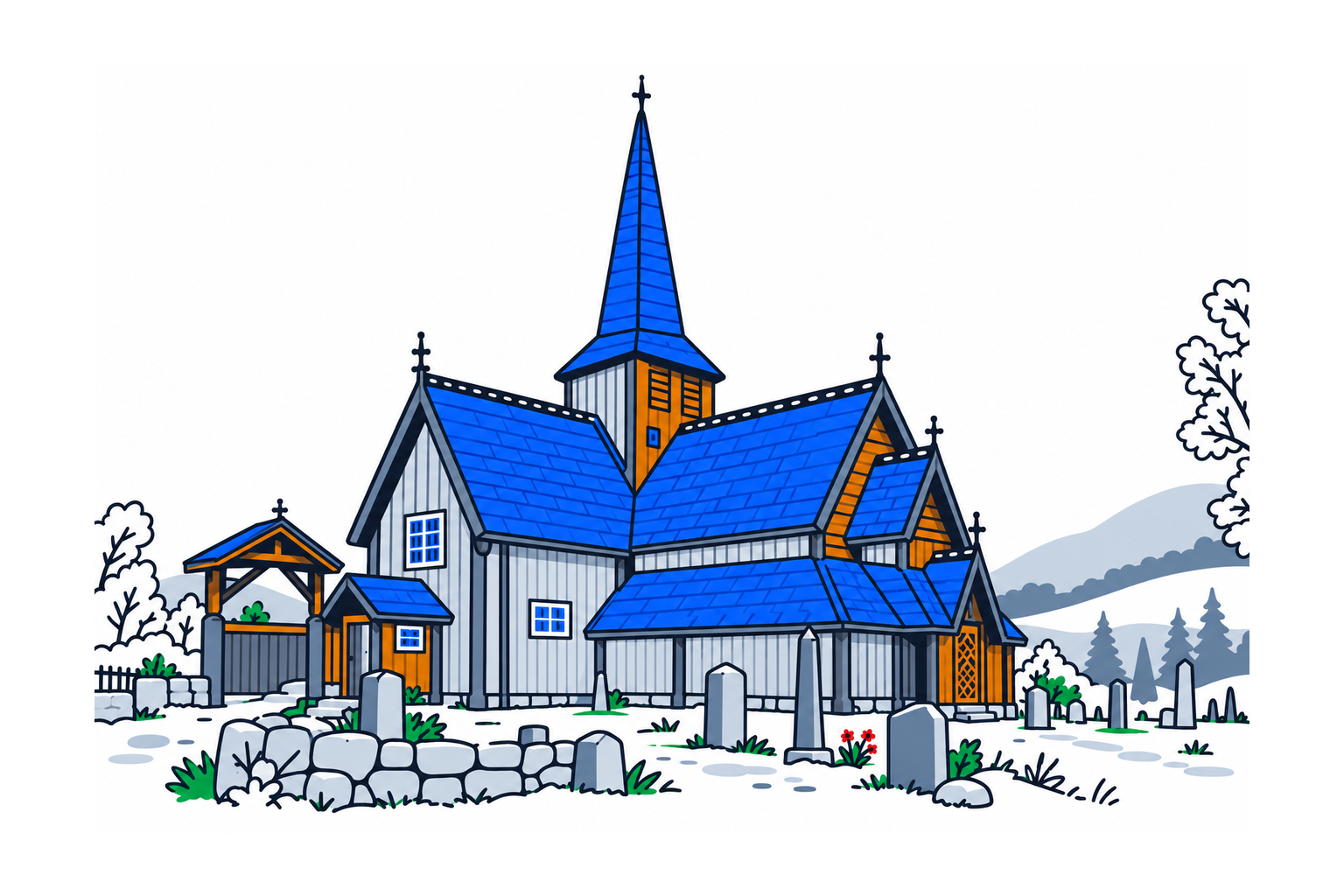 SamfunnPrep illustration: Hedalen stavkyrkje, Sør-Aurdal. A stave church with later cross-shaped additions.