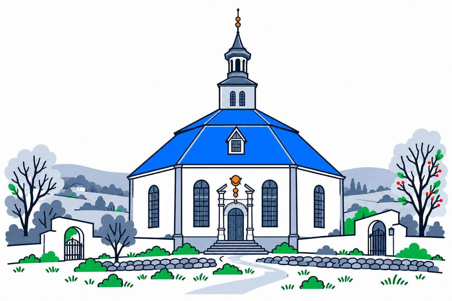 SamfunnPrep illustration: Sør-Fron kyrkje, Sør-Fron. The pale octagonal stone church above its sloping forecourt.