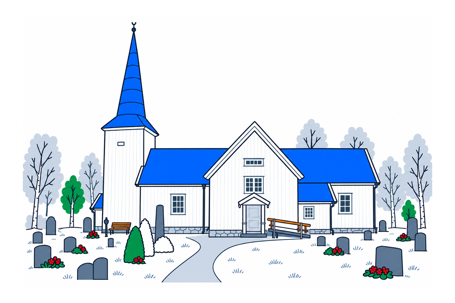 SamfunnPrep illustration: Oppstad kirke, Sør-Odal. The timber cruciform church in its river-side parish setting.