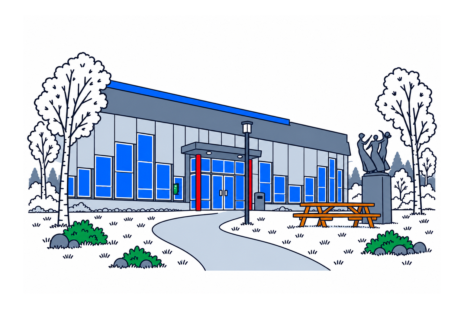 SamfunnPrep illustration of the low museum building and glass entrance of Grenselandmuseet in Kirkenes.