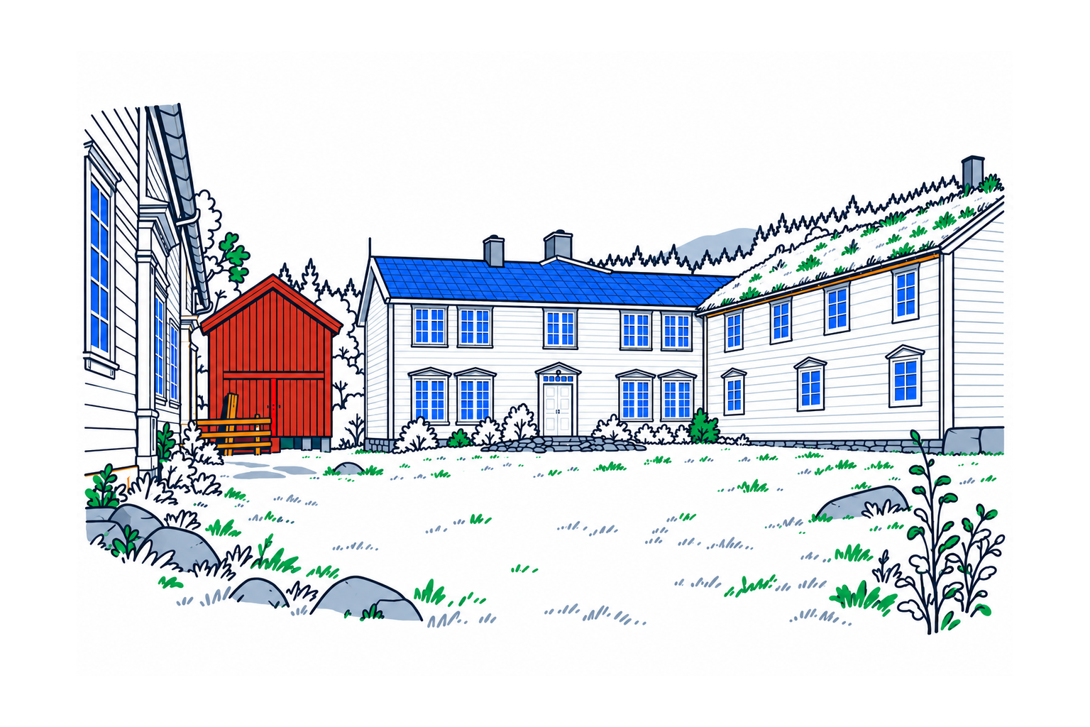 SamfunnPrep illustration of Røsvik gamle handelssted’s timber merchant buildings