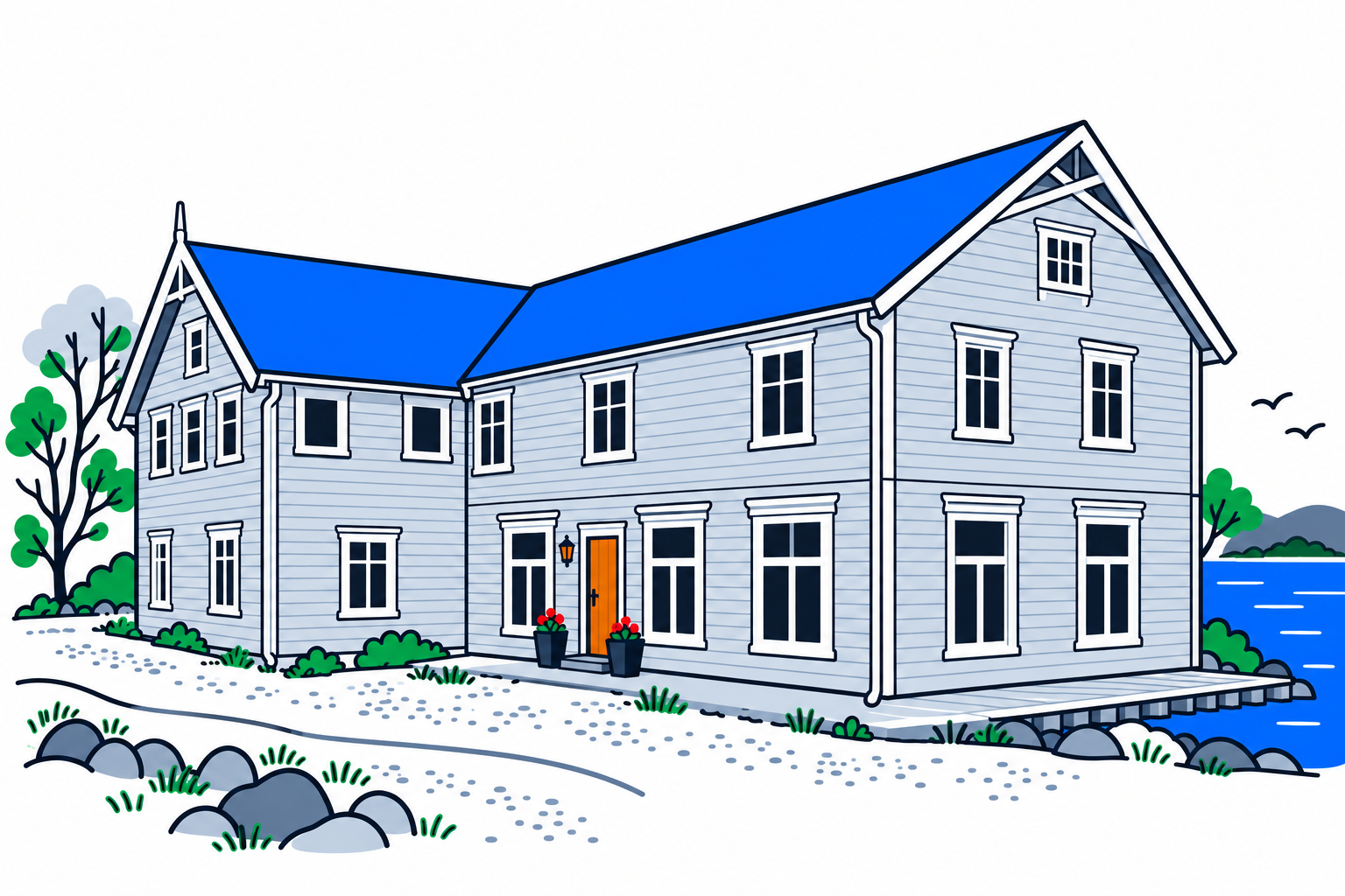 SamfunnPrep illustration of the historic timber warehouse Kramvigbrygga at Vika in Sørreisa.