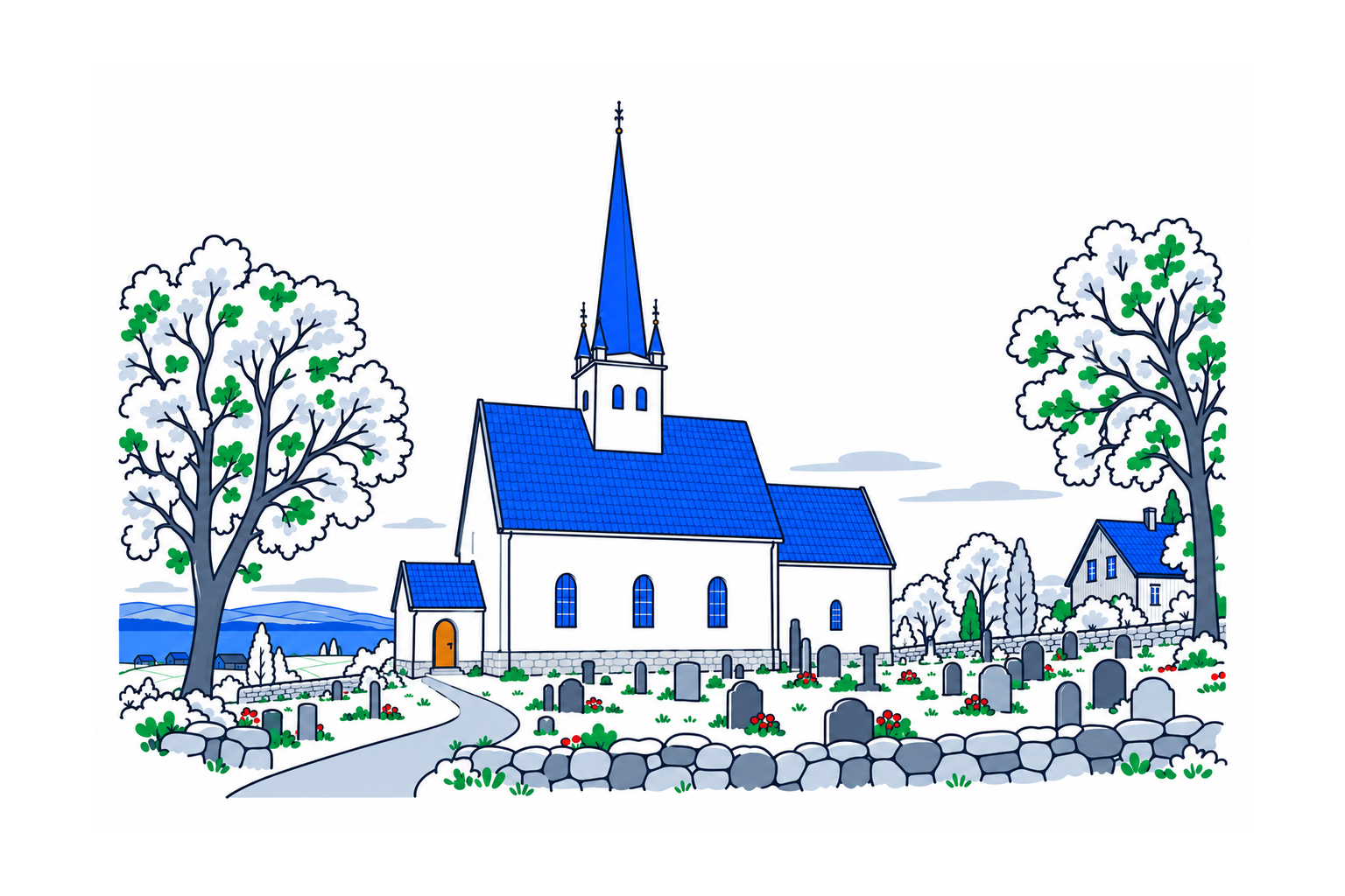 SamfunnPrep illustration: Stange kirke, Stange. The medieval stone church above the surrounding farmland.