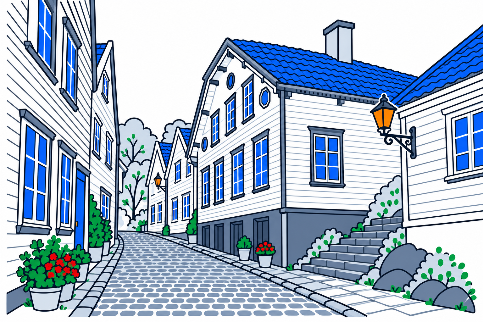 SamfunnPrep illustration of Gamle Stavanger, showing a narrow cobbled street between closely spaced historic timber houses.
