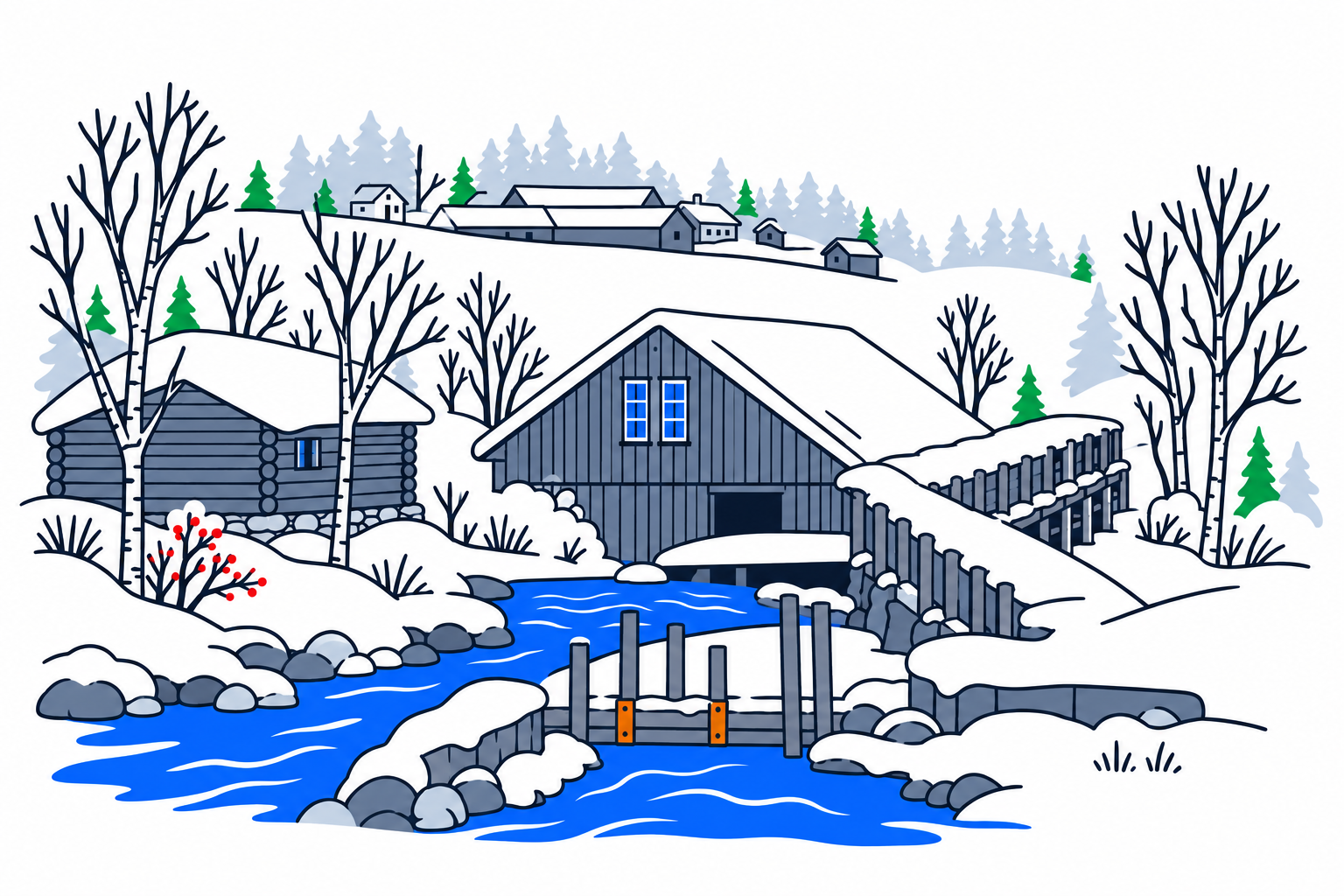 SamfunnPrep illustration: Atnbrufossen vannbruksmuseum, Stor-Elvdal. The waterfall, historic waterworks and museum buildings.