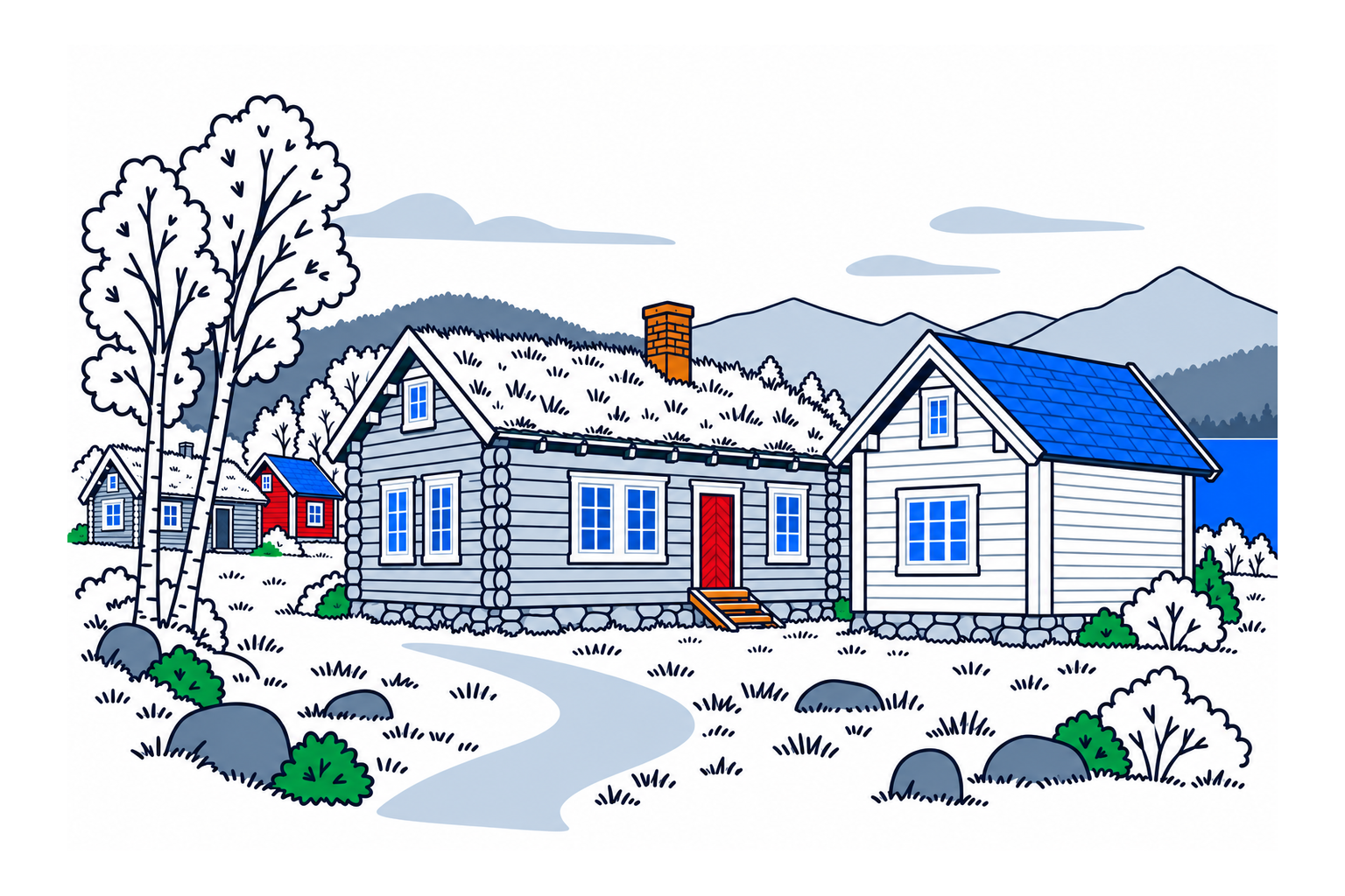 SamfunnPrep illustration of the timber trading huts and grassy courtyard of Skibotn markedsplass in Storfjord.