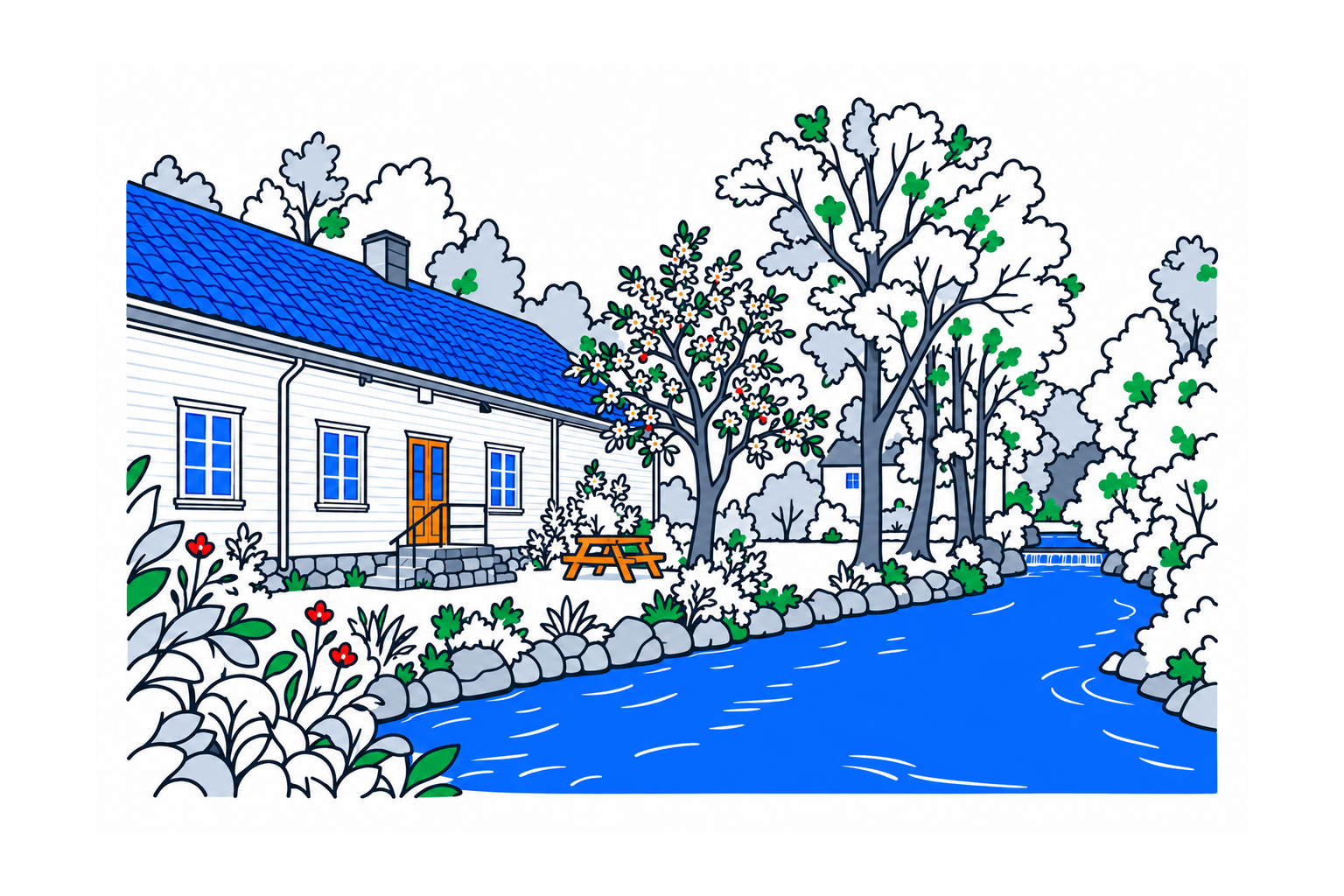 SamfunnPrep illustration of JørpelandsBrug in Strand, showing the white timber factory beside its narrow canal and trees.