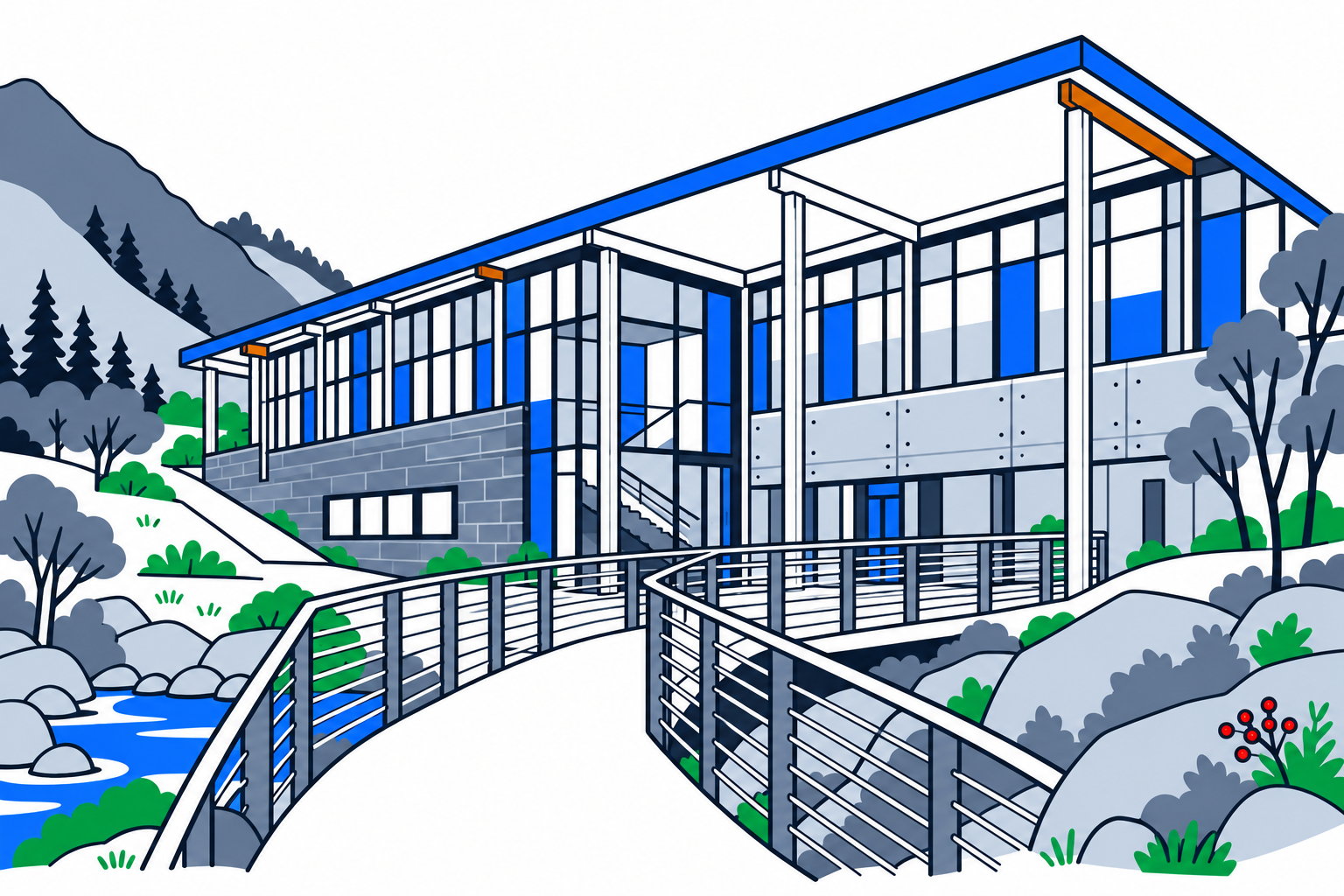 SamfunnPrep illustration of Norsk Fjordsenter in Geiranger, showing the visitor centre against the surrounding fjord landscape.