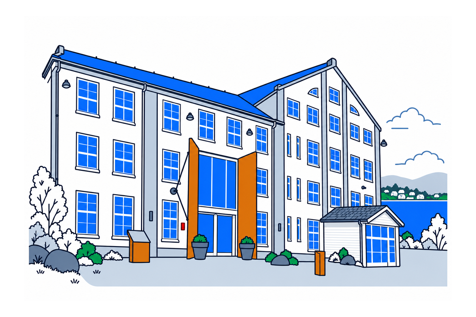 SamfunnPrep illustration of Devold museum in Langevåg, showing the historic textile factory complex beside the fjord.