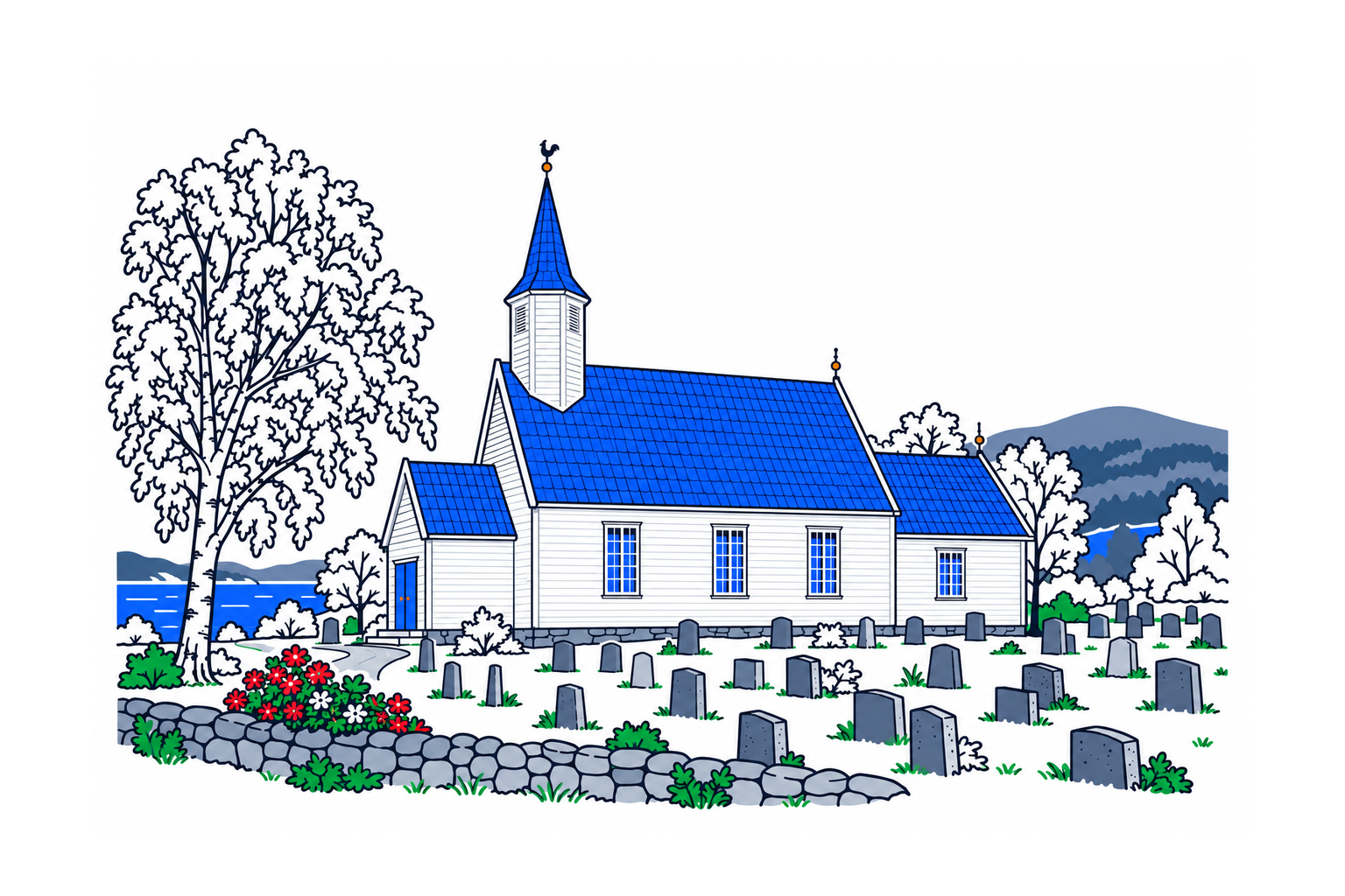 SamfunnPrep illustration of Jelsa kyrkje in Suldal, showing the white timber church and its roof turret beside the fjord village.