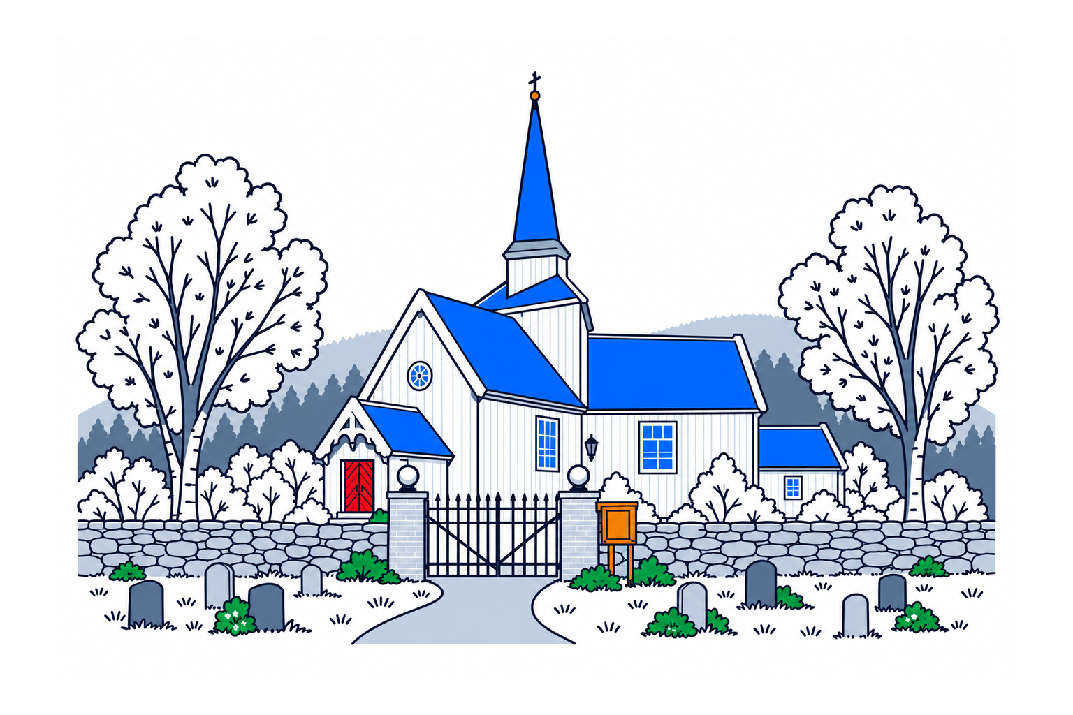 SamfunnPrep illustration of Mo kirke in Surnadal, showing the red timber church with its distinctive Y-shaped plan.
