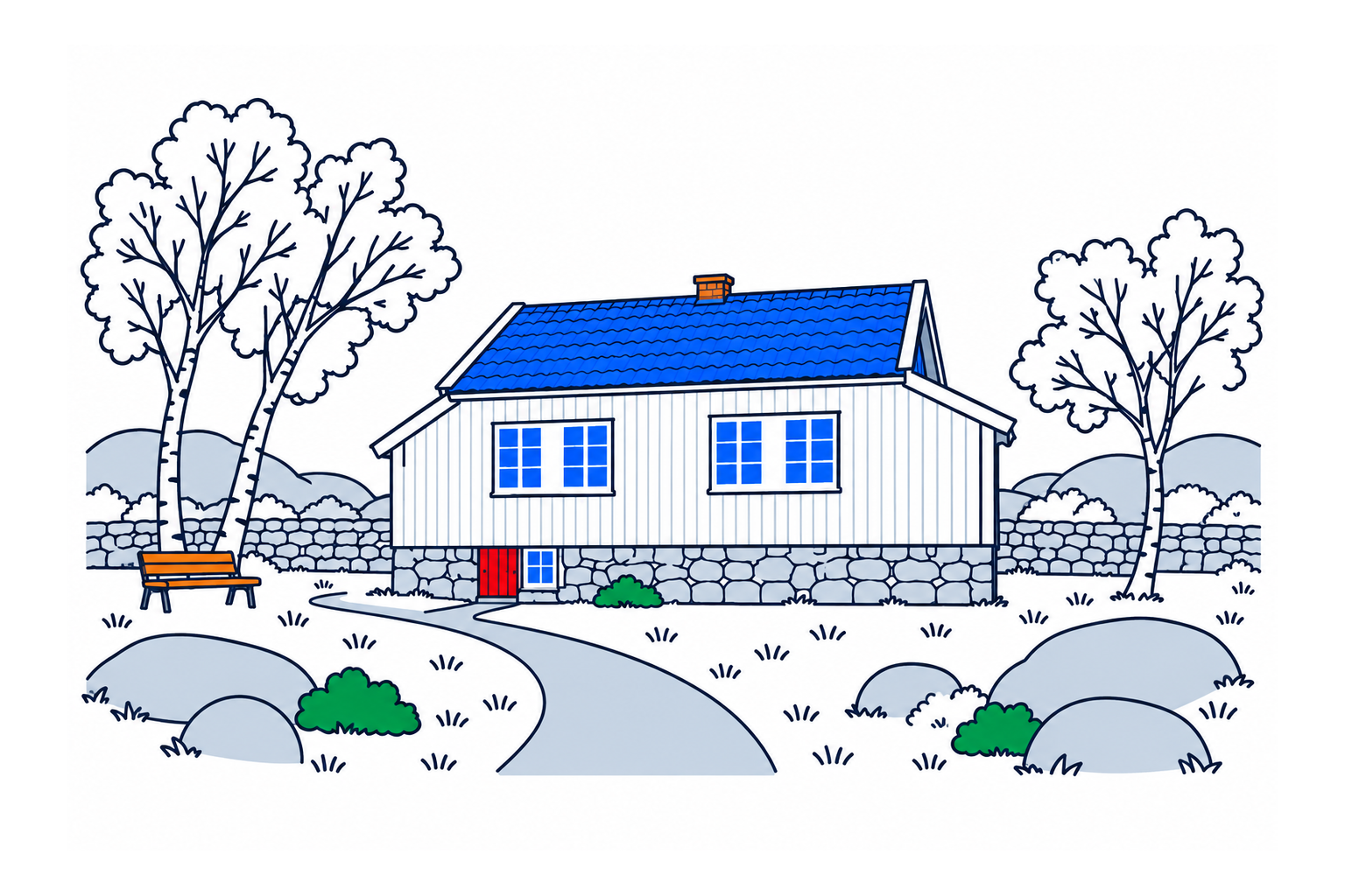 SamfunnPrep illustration of Knudaheio in Time, showing Arne Garborg's timber summer house on a stone base in the Jæren landscape.