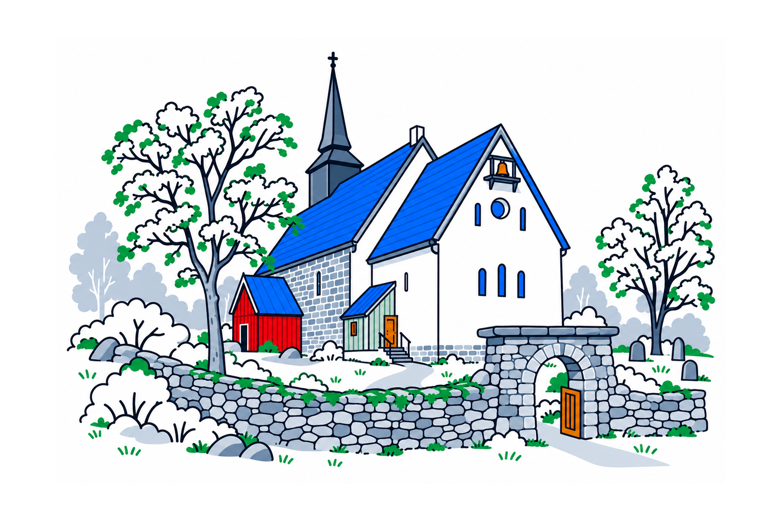 SamfunnPrep illustration of Tingvoll kirke, showing the medieval stone church in its setting beside the fjord.