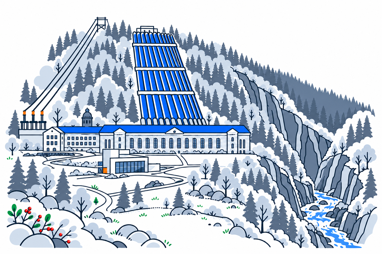 SamfunnPrep illustration: Vemork, Tinn. A monumental stone-clad power station above a steep valley.