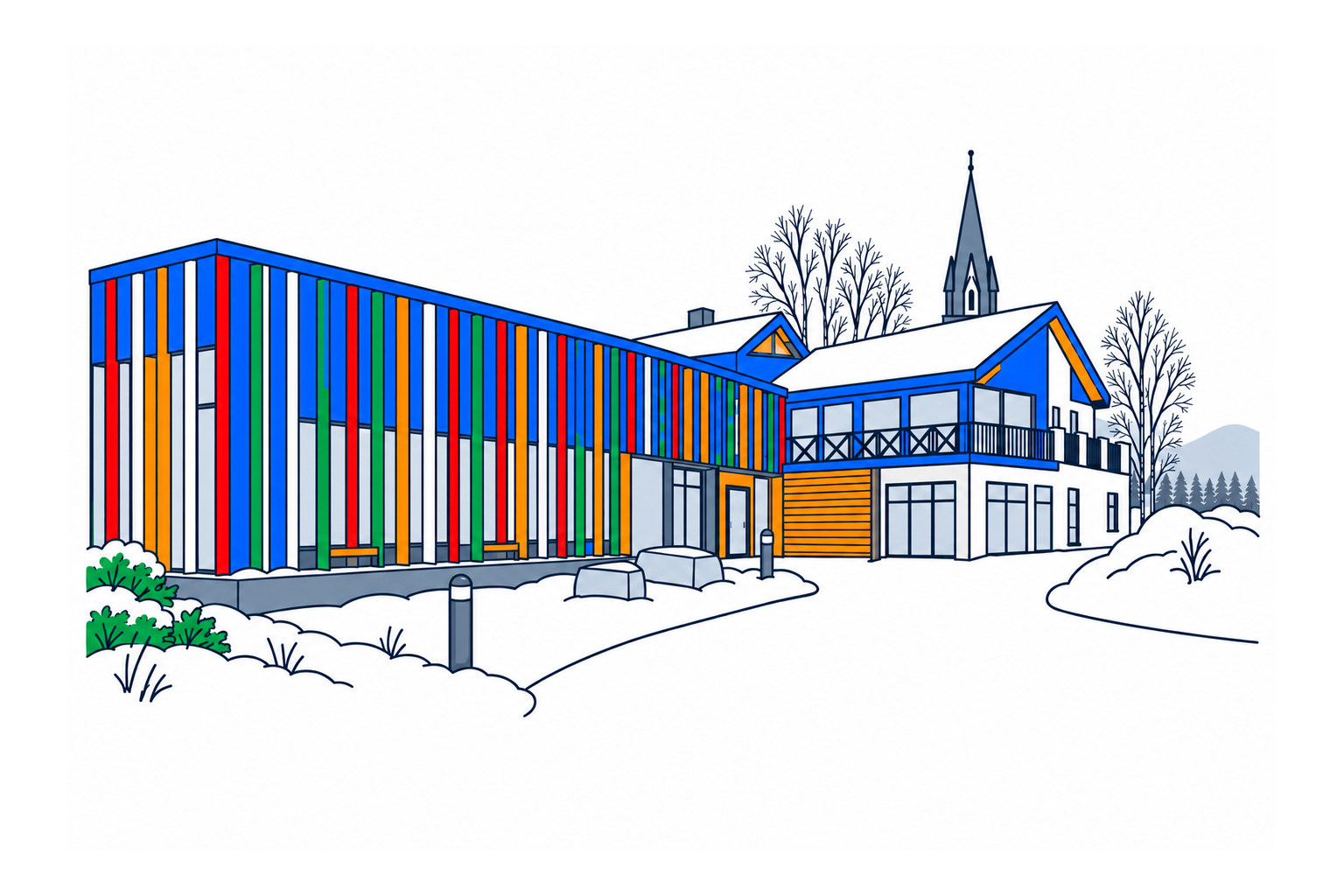 SamfunnPrep illustration of Várdobáiki in Evenskjer with colourful vertical wooden slats on its dark exterior.