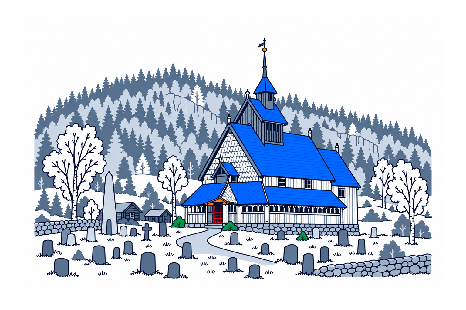SamfunnPrep illustration: Eidsborg stavkyrkje, Tokke. A small stave church clad in wooden shingles beside the museum landscape.