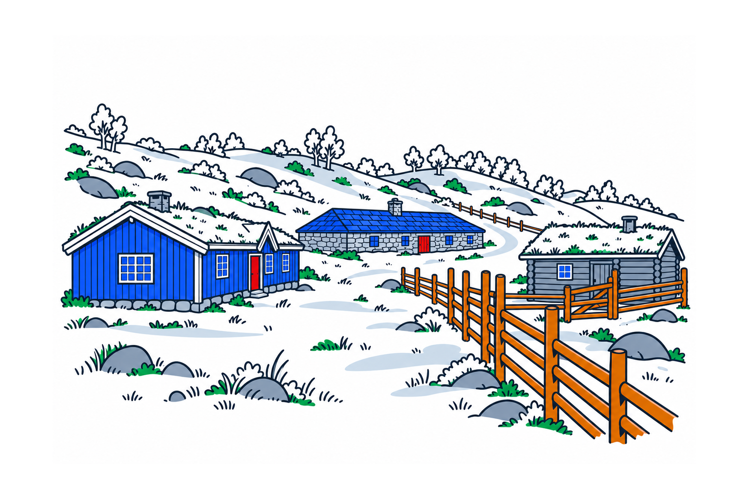 SamfunnPrep illustration: Raudsjødalssetra, Tolga. The restored stone dairy in the mountain-pasture landscape.