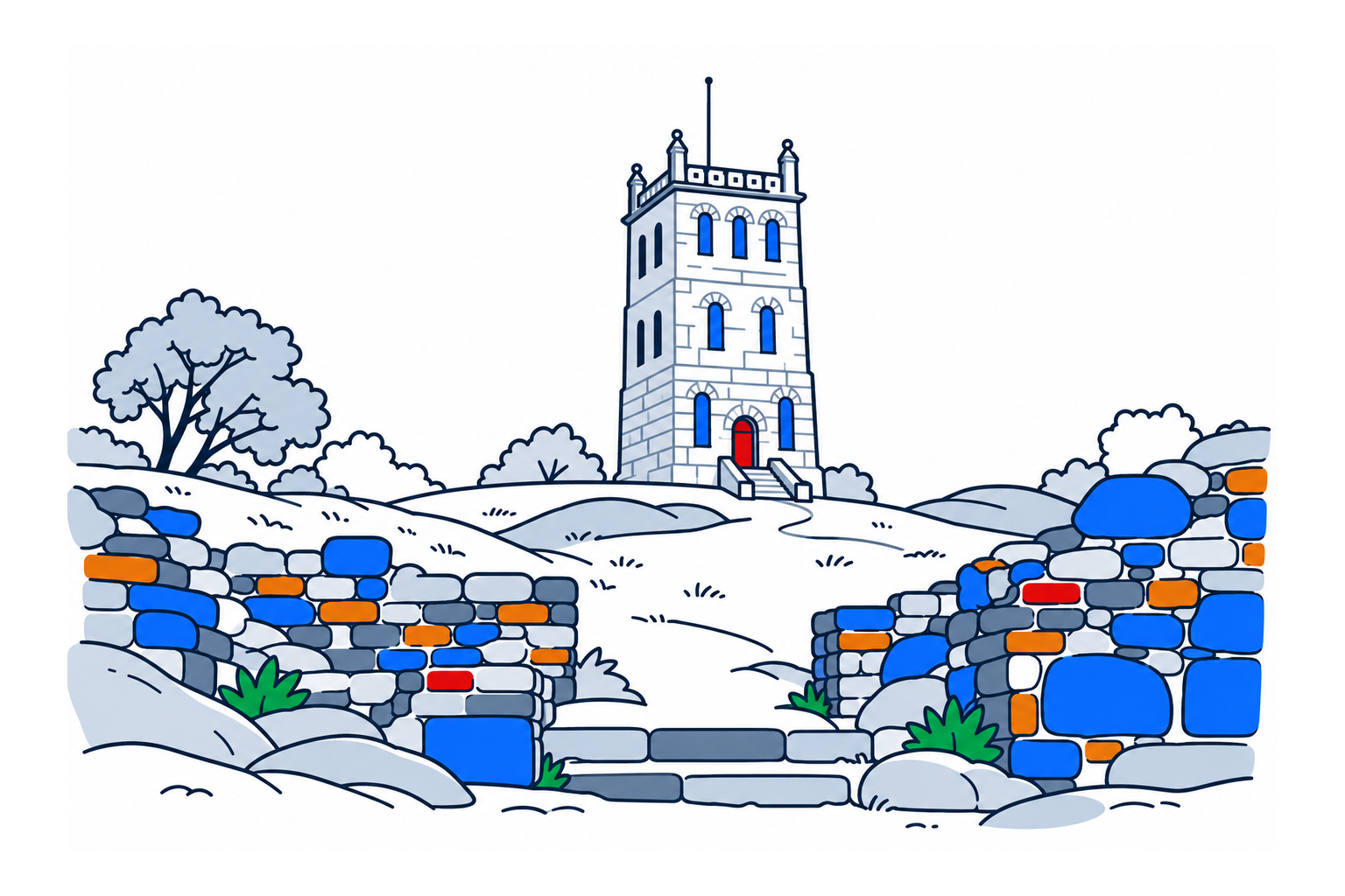 SamfunnPrep illustration: Slottsfjellet, Tønsberg. A stone tower above the town and castle ruins.