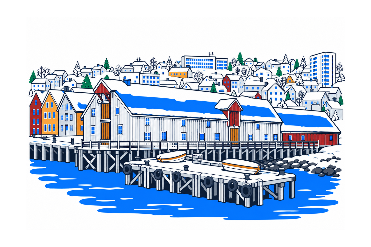 SamfunnPrep illustration of Polarmuseet and its historic timber warehouse beside the waterfront in Tromsø.