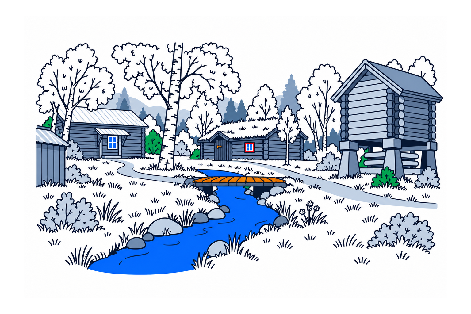 SamfunnPrep illustration: Trysil Bygdetun, Trysil. The hillside museum farmyard with its timber buildings.