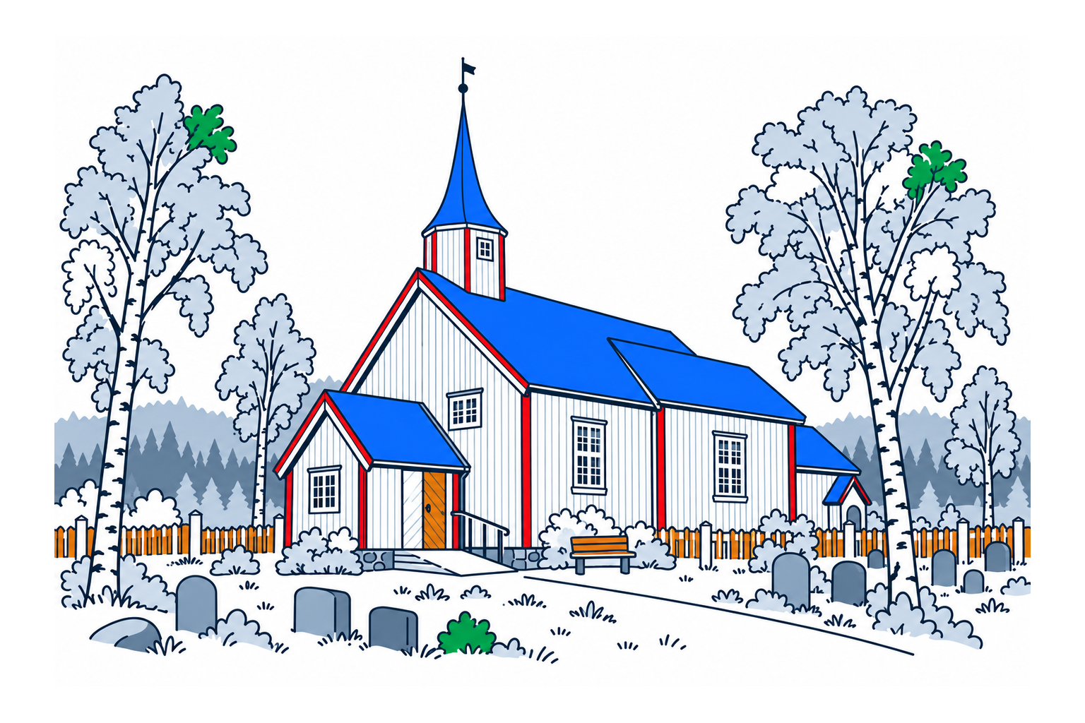 SamfunnPrep illustration of Tydal kirke with its timber walls, small porch and roof turret.