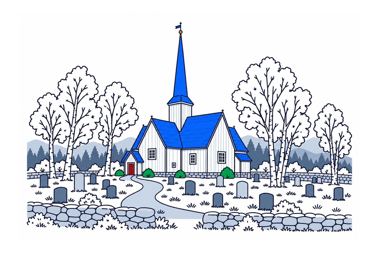 SamfunnPrep illustration: Kvikne kyrkje, Tynset. The tarred timber cruciform church with its central roof turret.