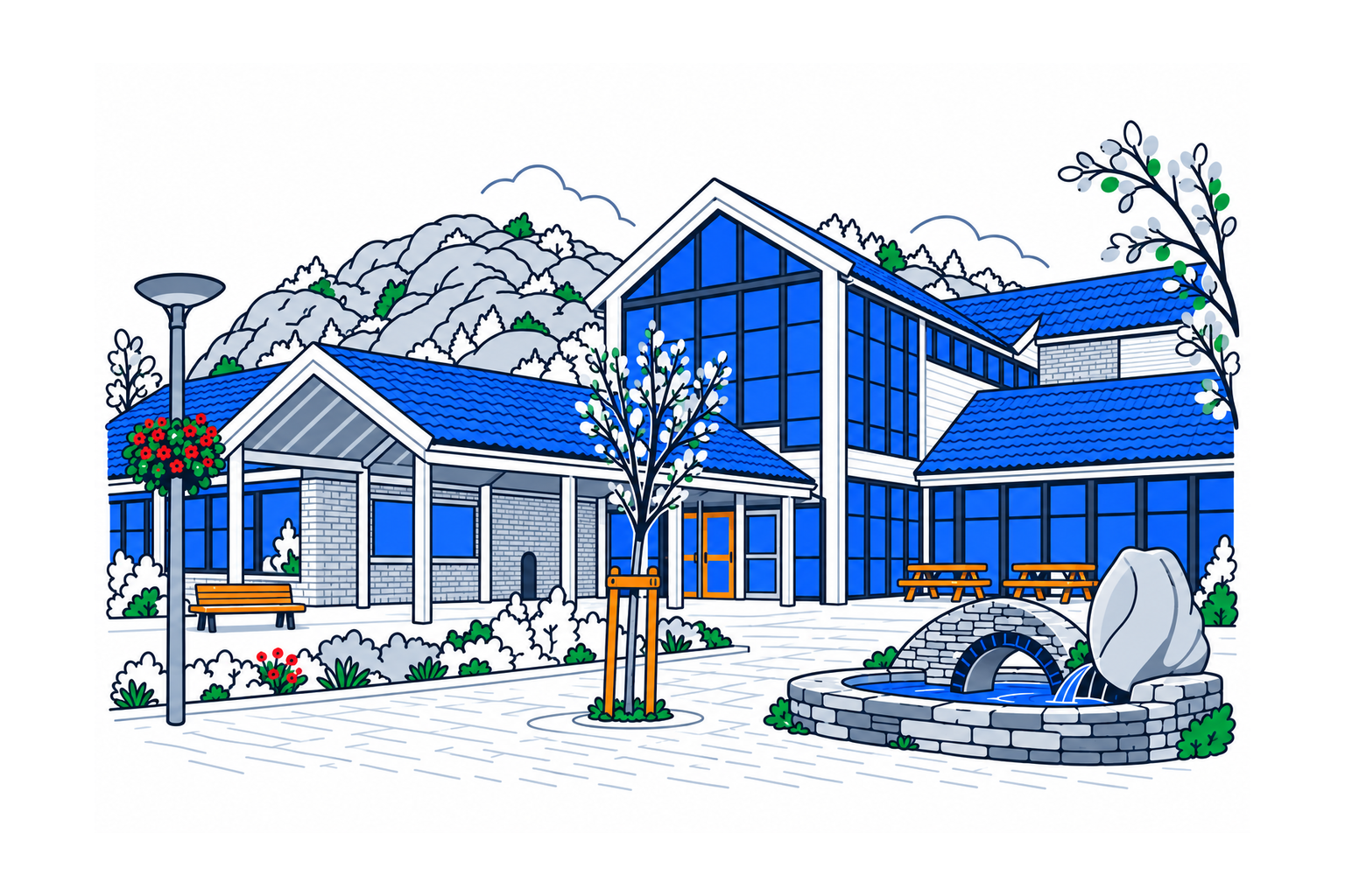 SamfunnPrep illustration of Tysværtunet in Tysvær, showing the glazed entrance hall, low roof wings and the curved stone fountain in the forecourt.