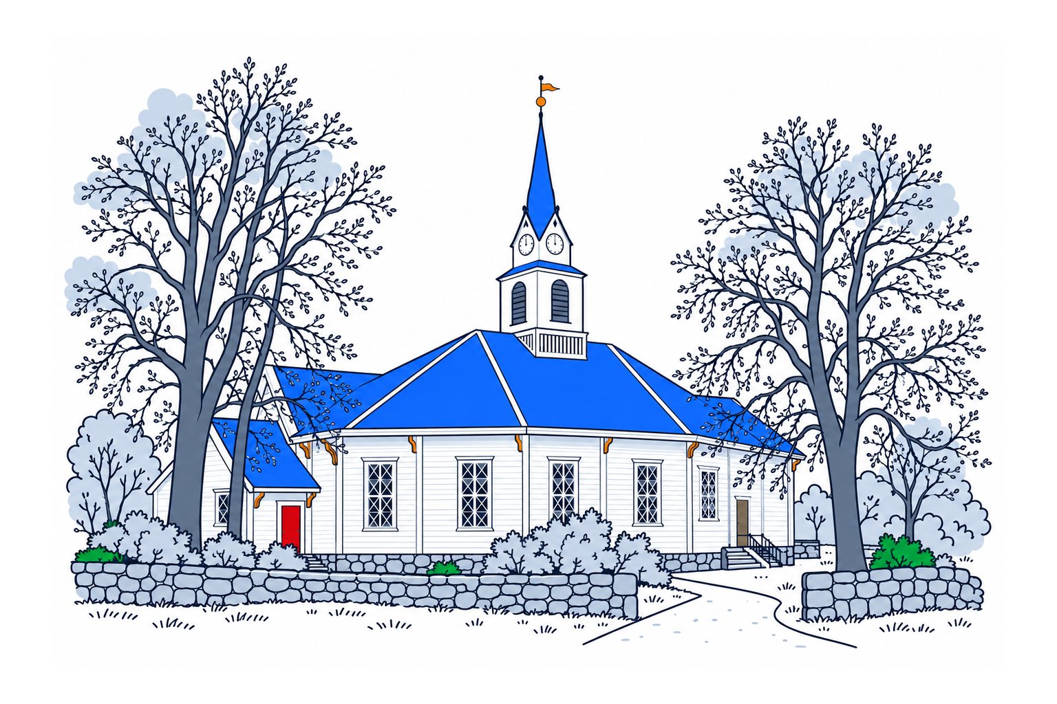 SamfunnPrep illustration of Ulstein kyrkje in Ulsteinvik, showing the octagonal timber church and its tower.