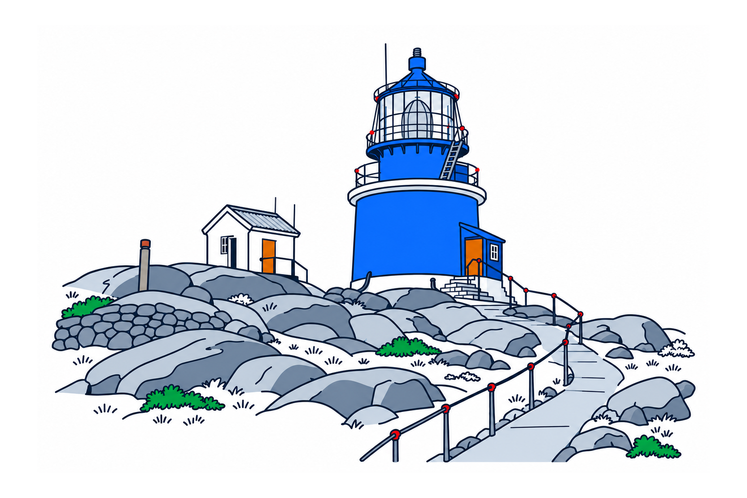 SamfunnPrep illustration of Utsira fyr, showing the active round stone tower and lantern above the rocky island approach.