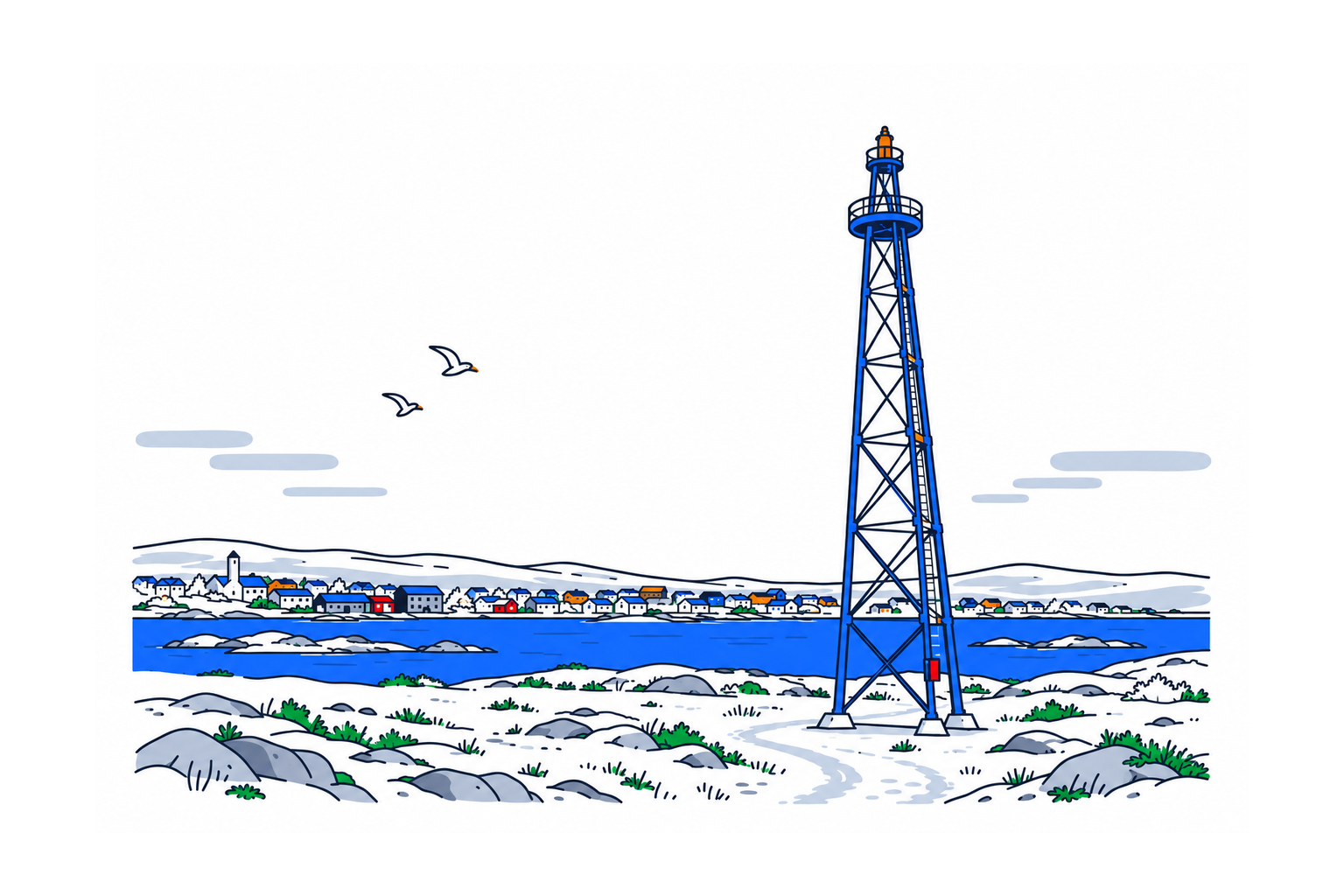 SamfunnPrep illustration of the tall open steel Luftskipsmasta, Vadsøya above the flat coastal landscape and low town skyline.