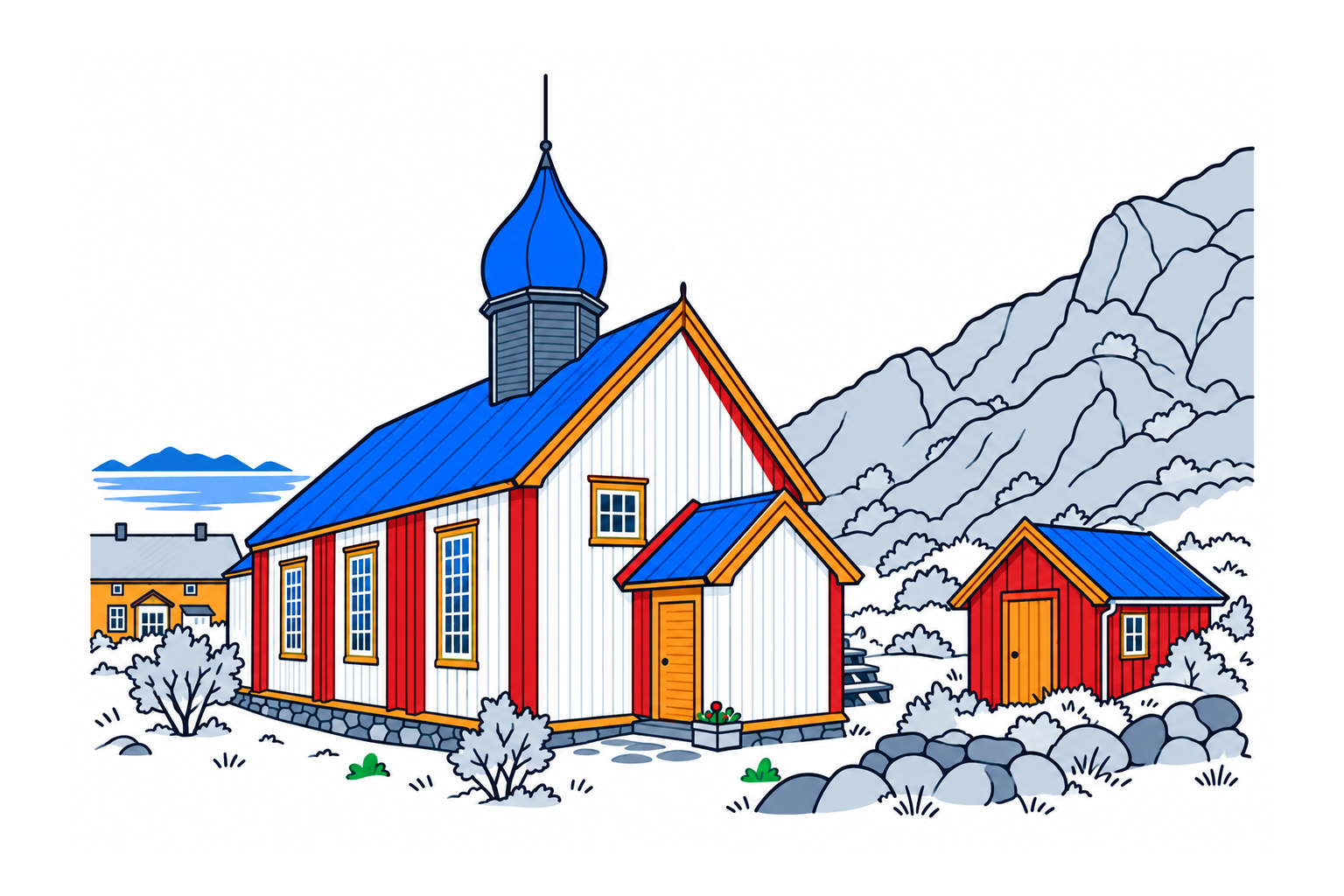 SamfunnPrep illustration of the red timber Værøy gamle kirke at Nordland