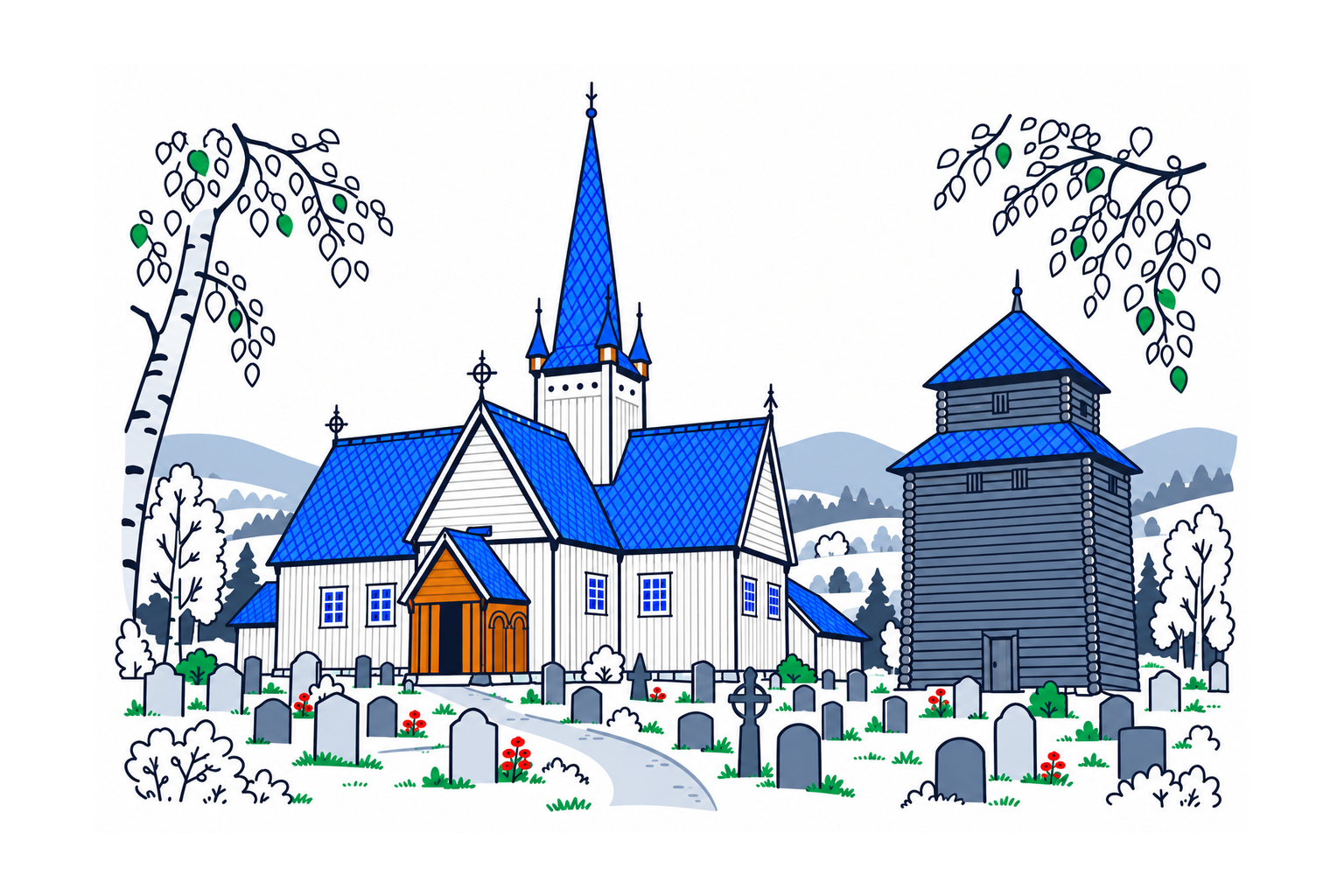 SamfunnPrep illustration: Vågå kyrkje, Vågå. The dark timber cruciform church in Vågåmo.
