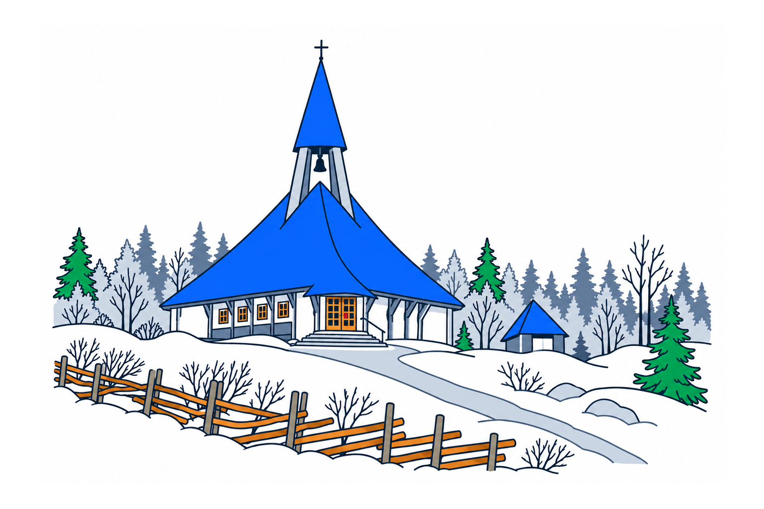 SamfunnPrep illustration: Gravberget kirke, Våler. The tall shingled church in the surrounding woodland.