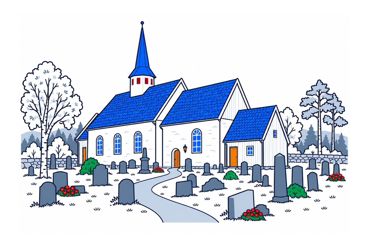 SamfunnPrep illustration: Våler kirke, Våler. The medieval church with white walls and a roof turret.