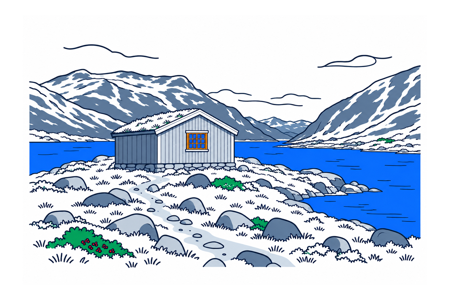 SamfunnPrep illustration: Vinjestova, Vang. A small timber cabin beside a mountain lake.