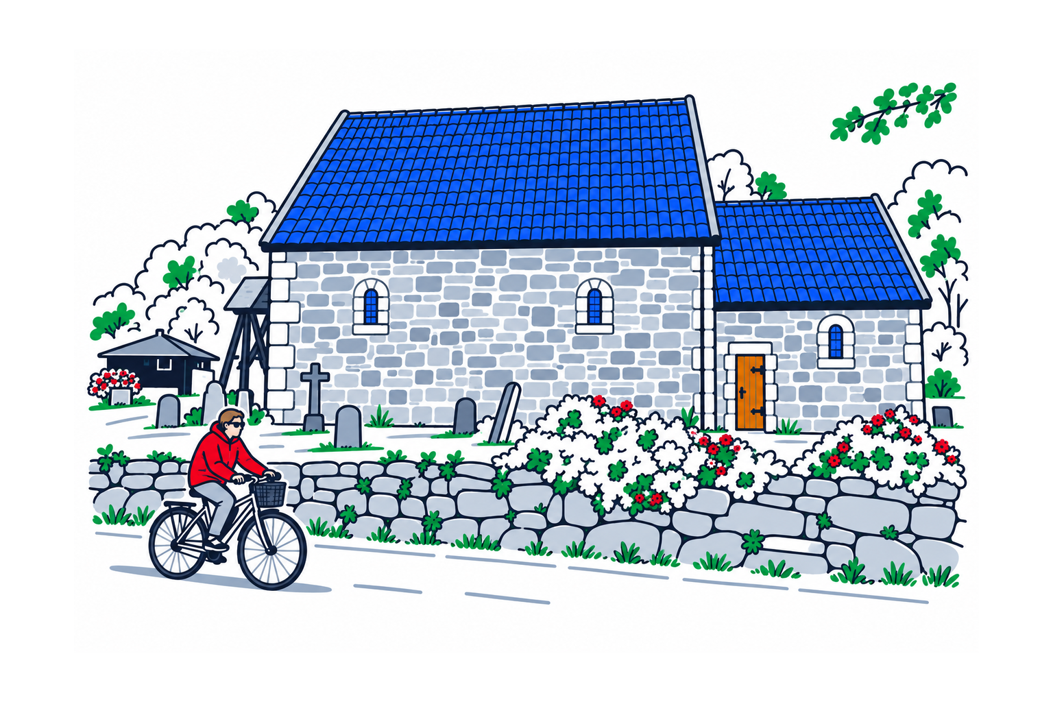 SamfunnPrep illustration of St. Jetmundkyrkja in Åheim, with its stone walls, rounded medieval openings and surrounding churchyard.
