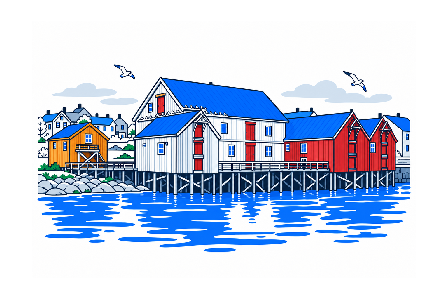 SamfunnPrep illustration of Pomormuseet, Brodtkorbsjåene: timber warehouses on piles, loading doors and white seabirds beside Vardø's harbour.