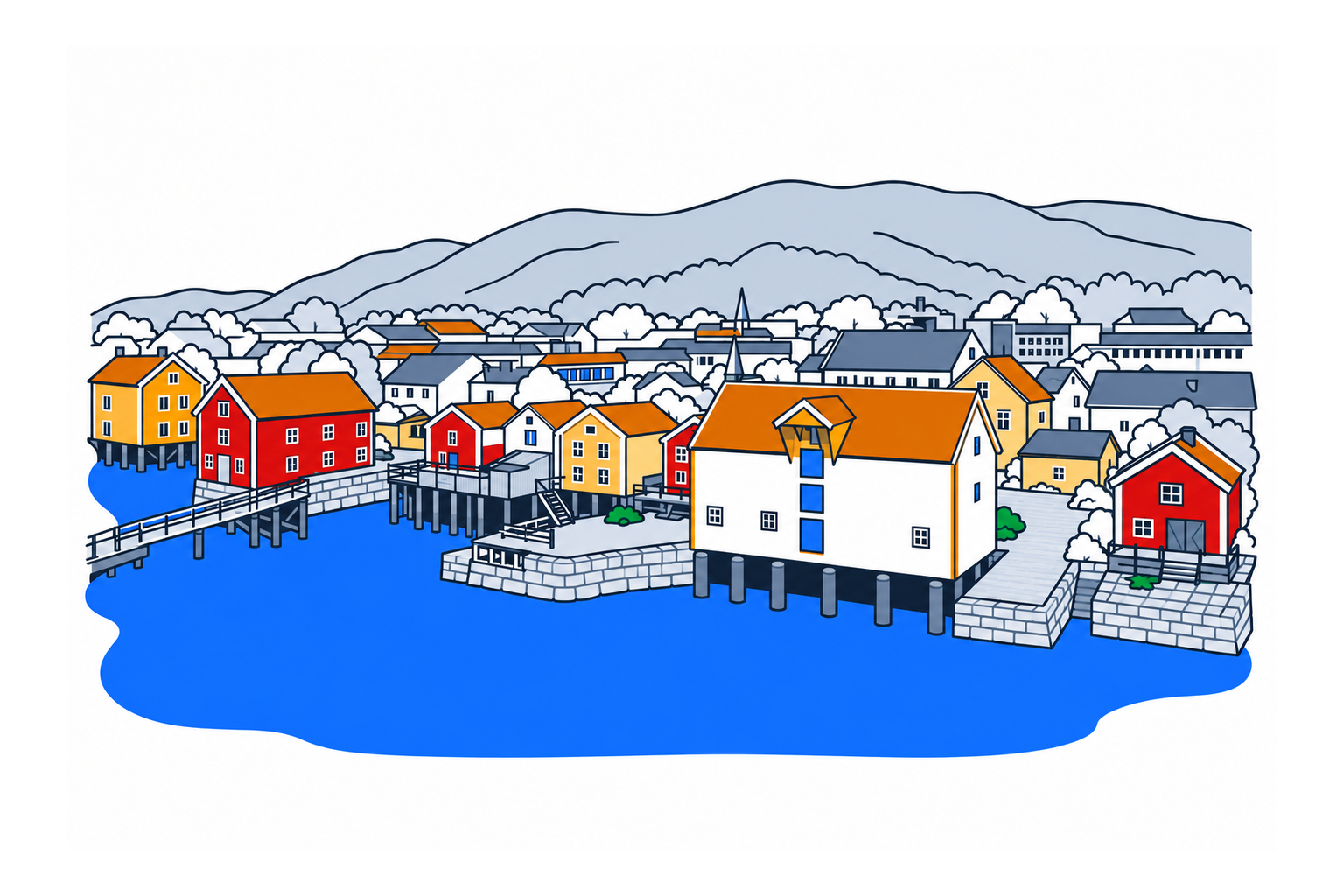 SamfunnPrep illustration of Sjøgata’s historic wooden waterfront in Mosjøen