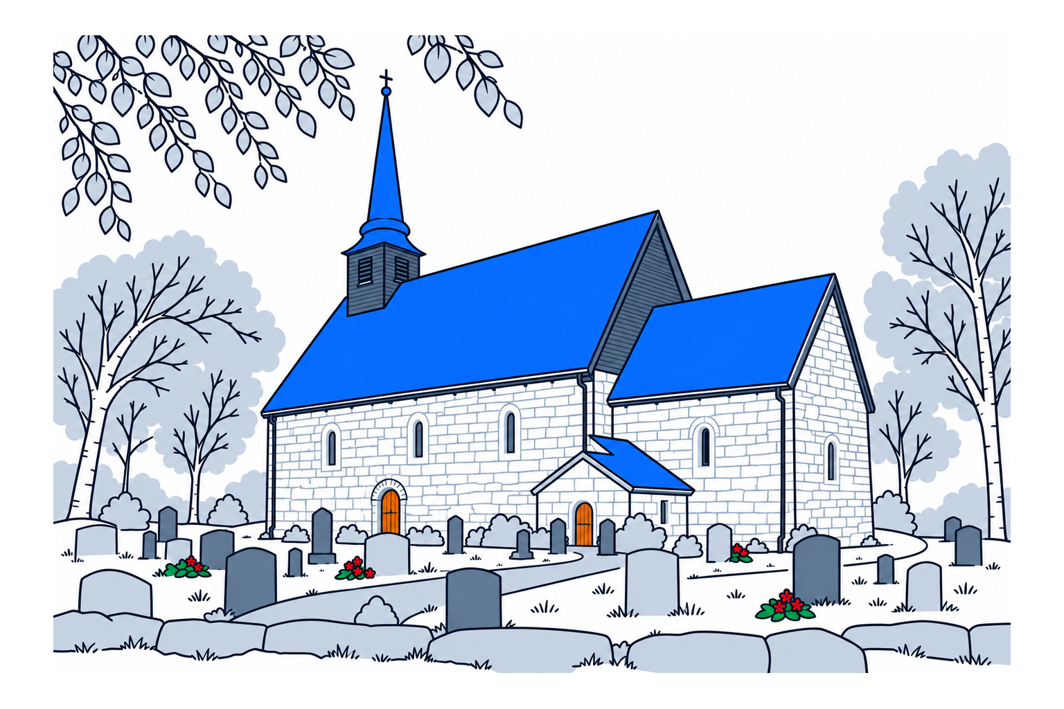 SamfunnPrep illustration of the medieval stone Stiklestad kirke and its roof turret.