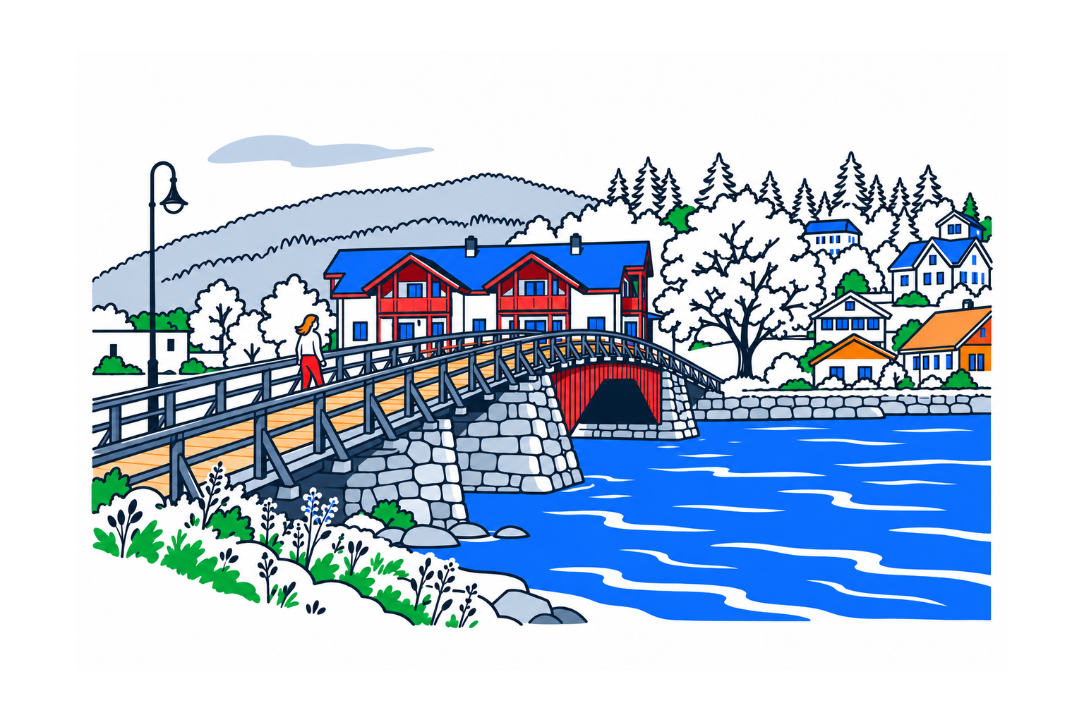 SamfunnPrep illustration of Gamle brua i Vestnes, showing the old crossing over Vestnesstraumen in its waterfront setting.
