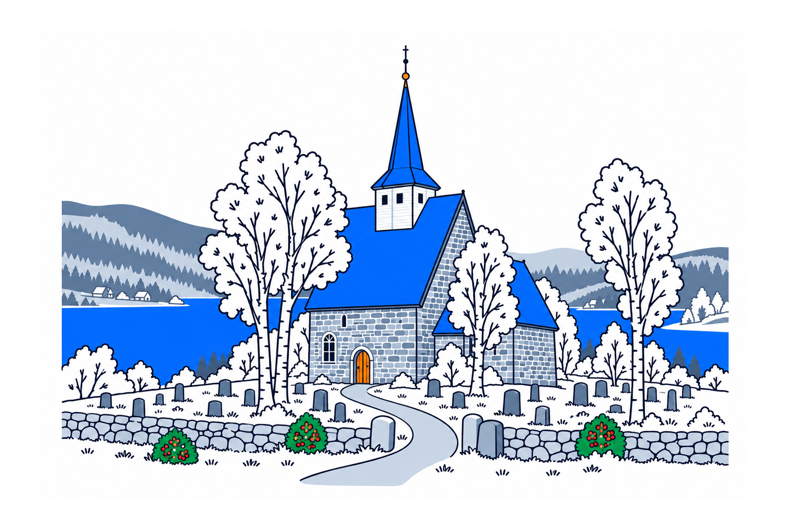 SamfunnPrep illustration: Slidredomen, Vestre Slidre. A large stone church above the lakeside settlement.