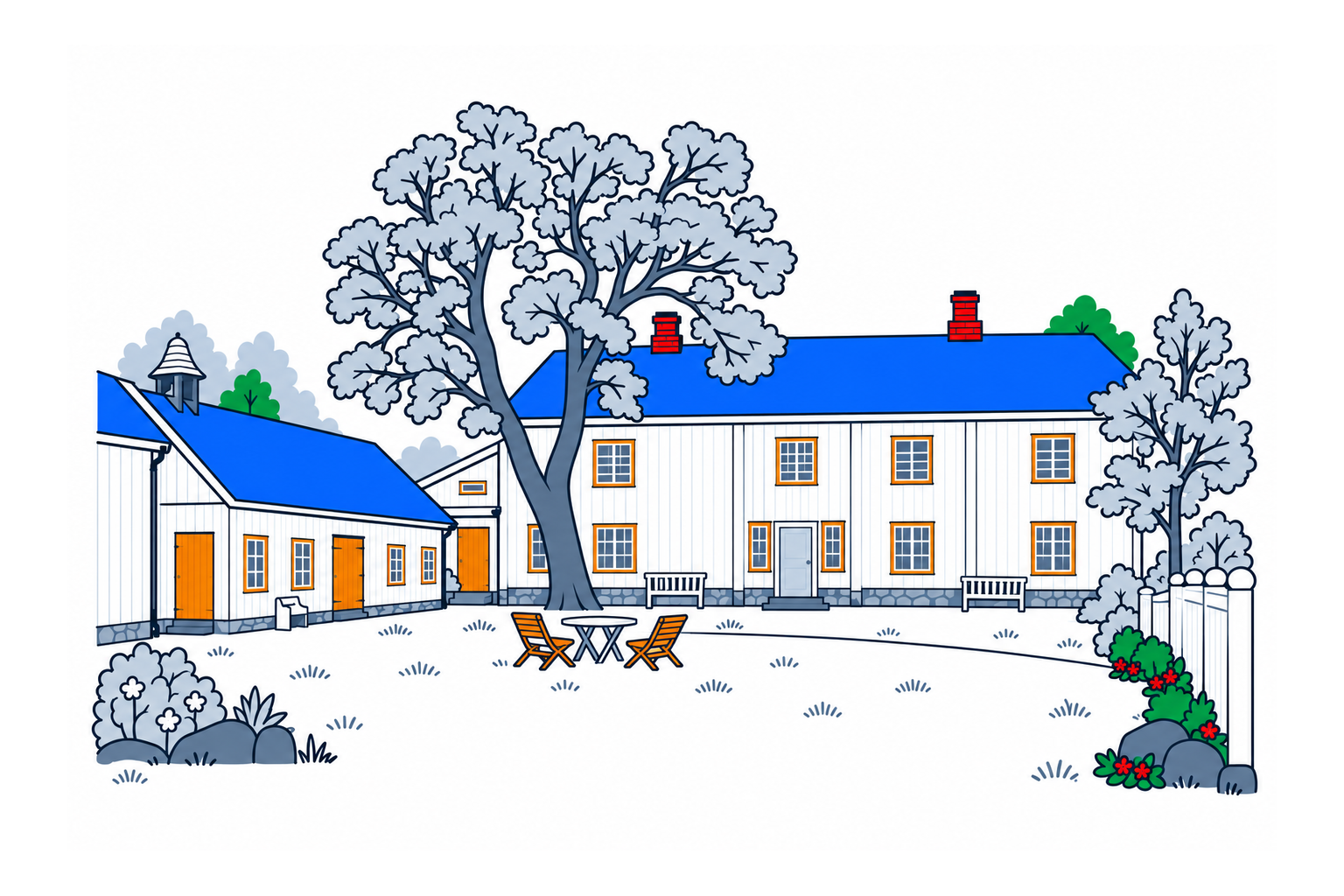 SamfunnPrep illustration: Steinberg, Vestre Toten. A historic estate house surrounded by its park.
