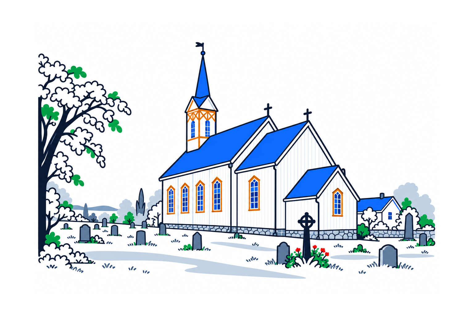 SamfunnPrep illustration of the timber Vevelstad kirke in Vevelstad