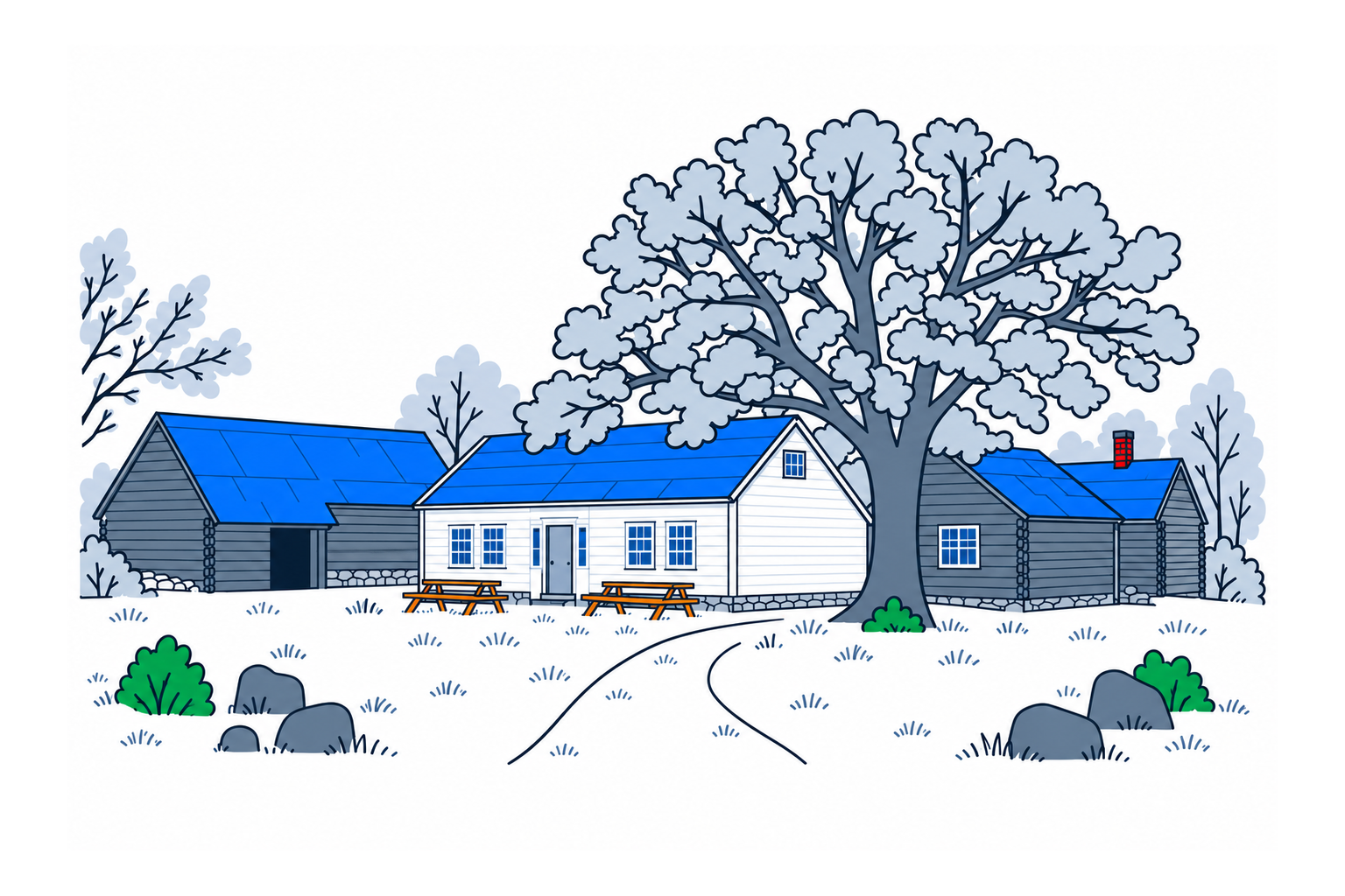 SamfunnPrep illustration of Nerheimstunet in Vindafjord, showing the old dwelling, barn and shared eldhus around the historic farmyard.
