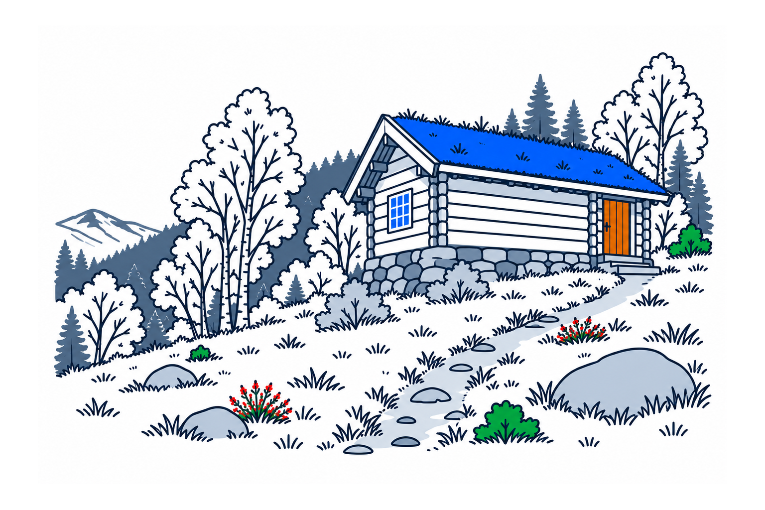 SamfunnPrep illustration: Vinjestoga, Vinje. A modest historic timber house in a rural smallholding setting.